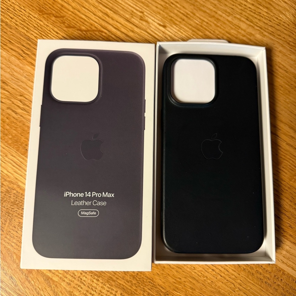 Apple genuine leather 14 Pro Max phone Case. Orange, and Black.